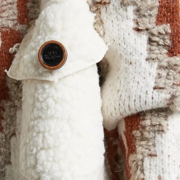 #48 Orange cream Tribal Aztec Bohemian fluffy pocket button teddy shacket coat - Picture 7 of 7